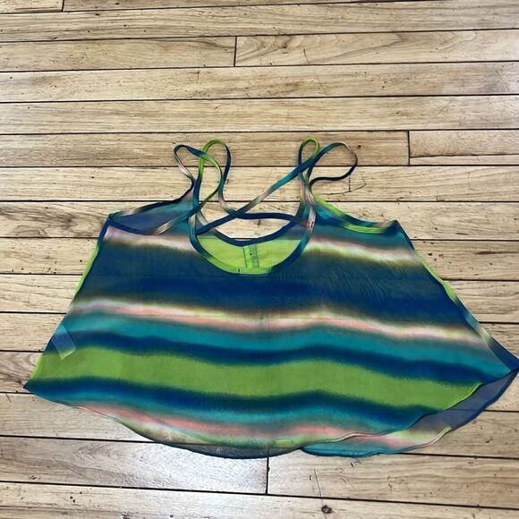 SOPRANO Green Blue Sheer Criss Cross Strap Camisole Colorful Stripe Button S Y2k - Picture 11 of 11